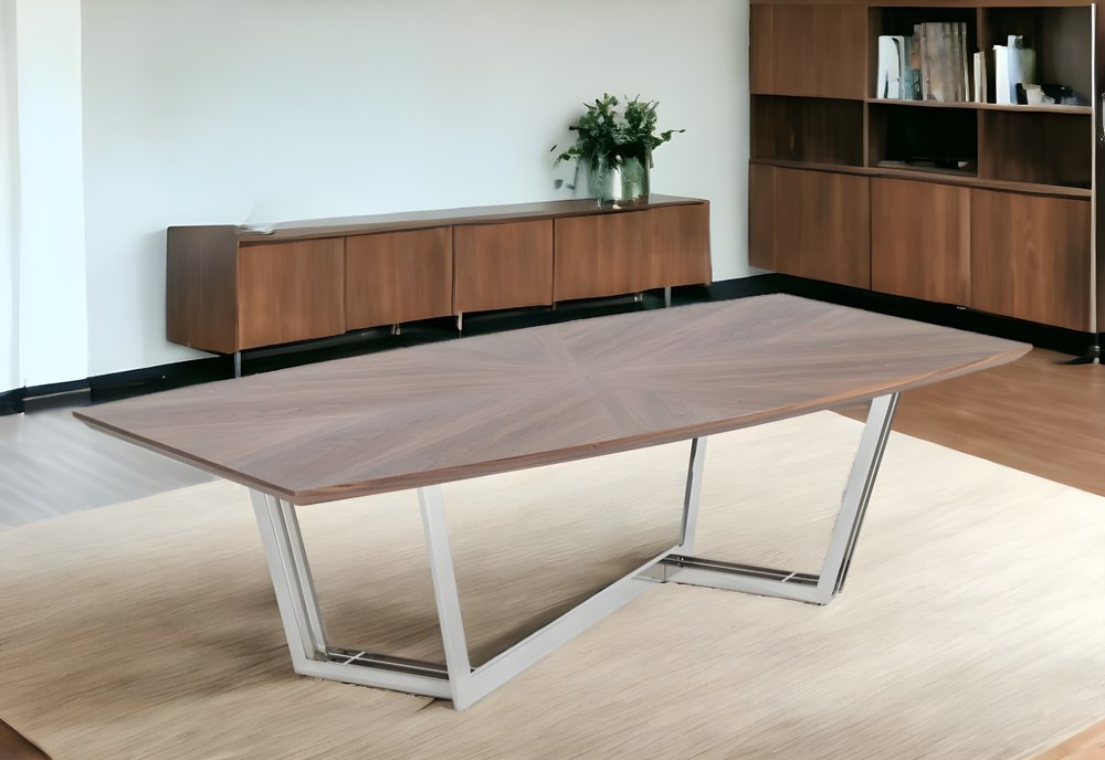 107" Walnut And Silver Rectangular Manufactured Wood And Iron Dining Table HomeRoots