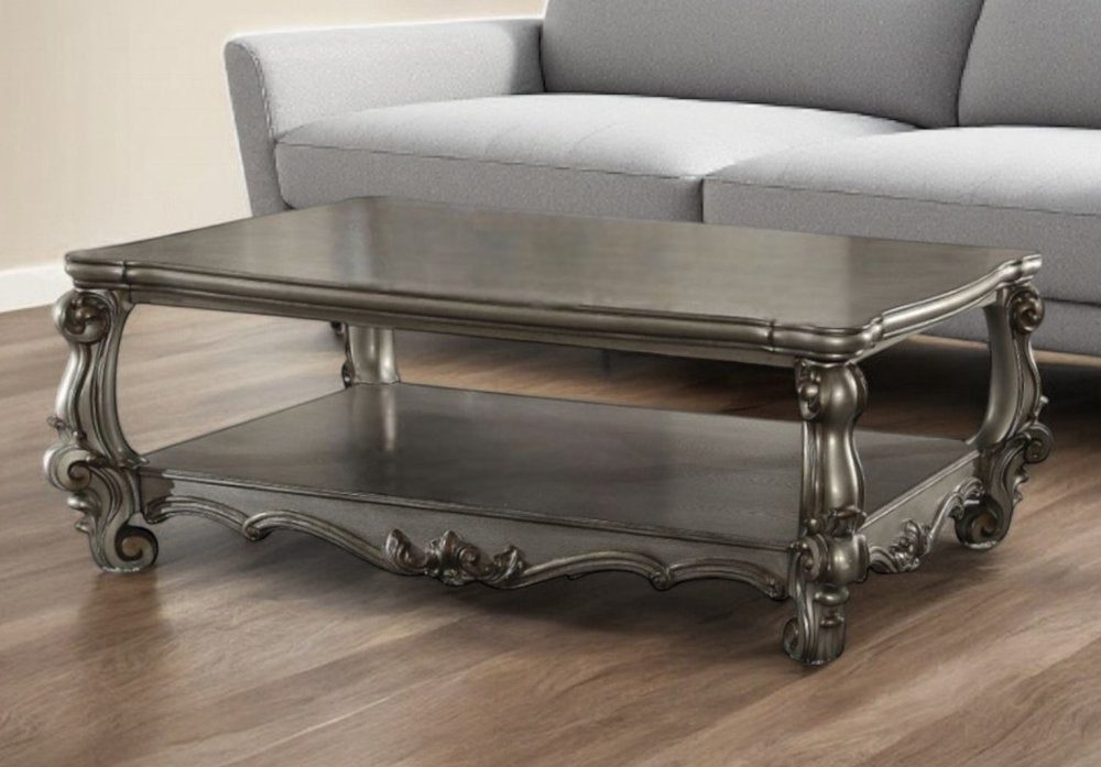 59" Gray Wood And Polyresin Coffee Table With Shelf HomeRoots