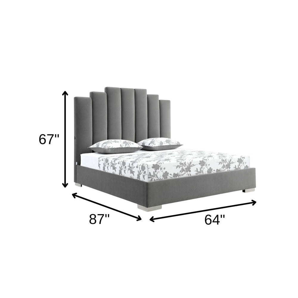 Queen Grey Upholstered Vertical Channel Velvet Bed with USB HomeRoots