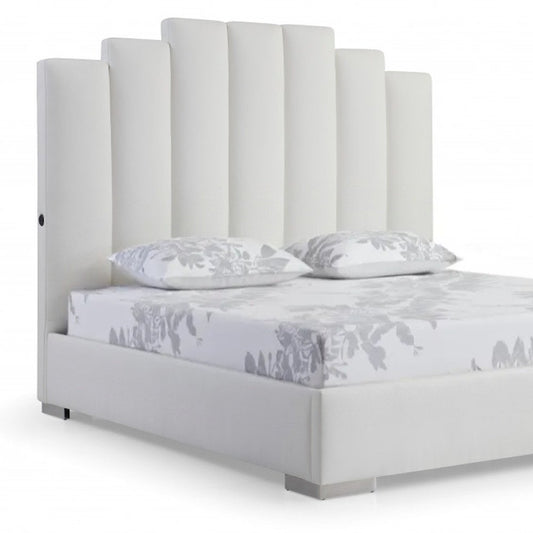 White Wood And Faux Leather Queen Bed Frame with USB HomeRoots