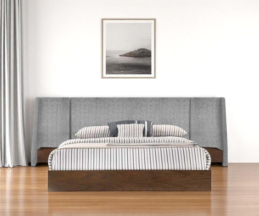 Brown and Gray Wood And Upholstery King Bed Frame With Attached Nightstands HomeRoots