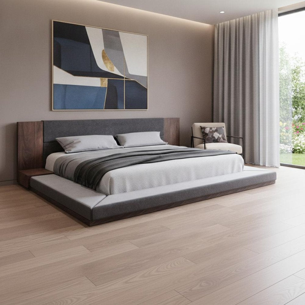 Brown and Gray Wood Upholstered King Bed Frame HomeRoots