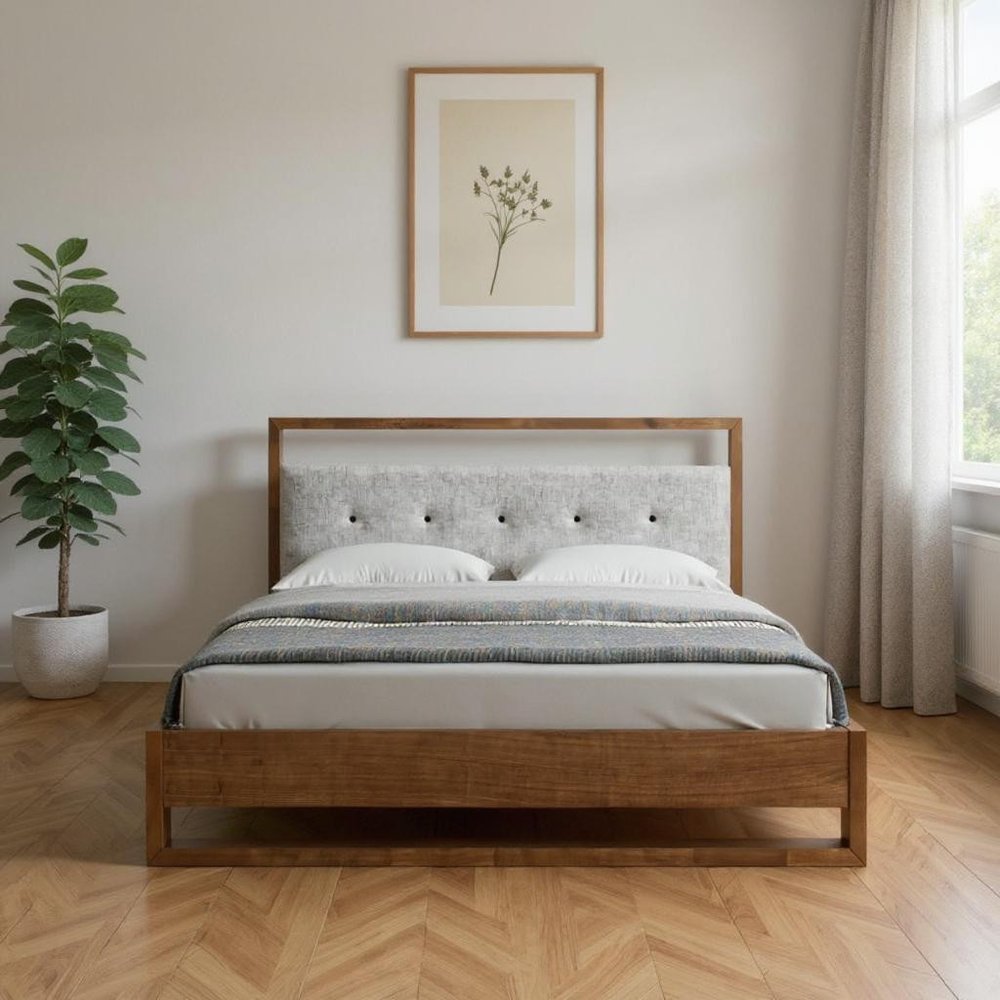 Brown and Gray Wood Tufted Upholstered King Bed Frame HomeRoots