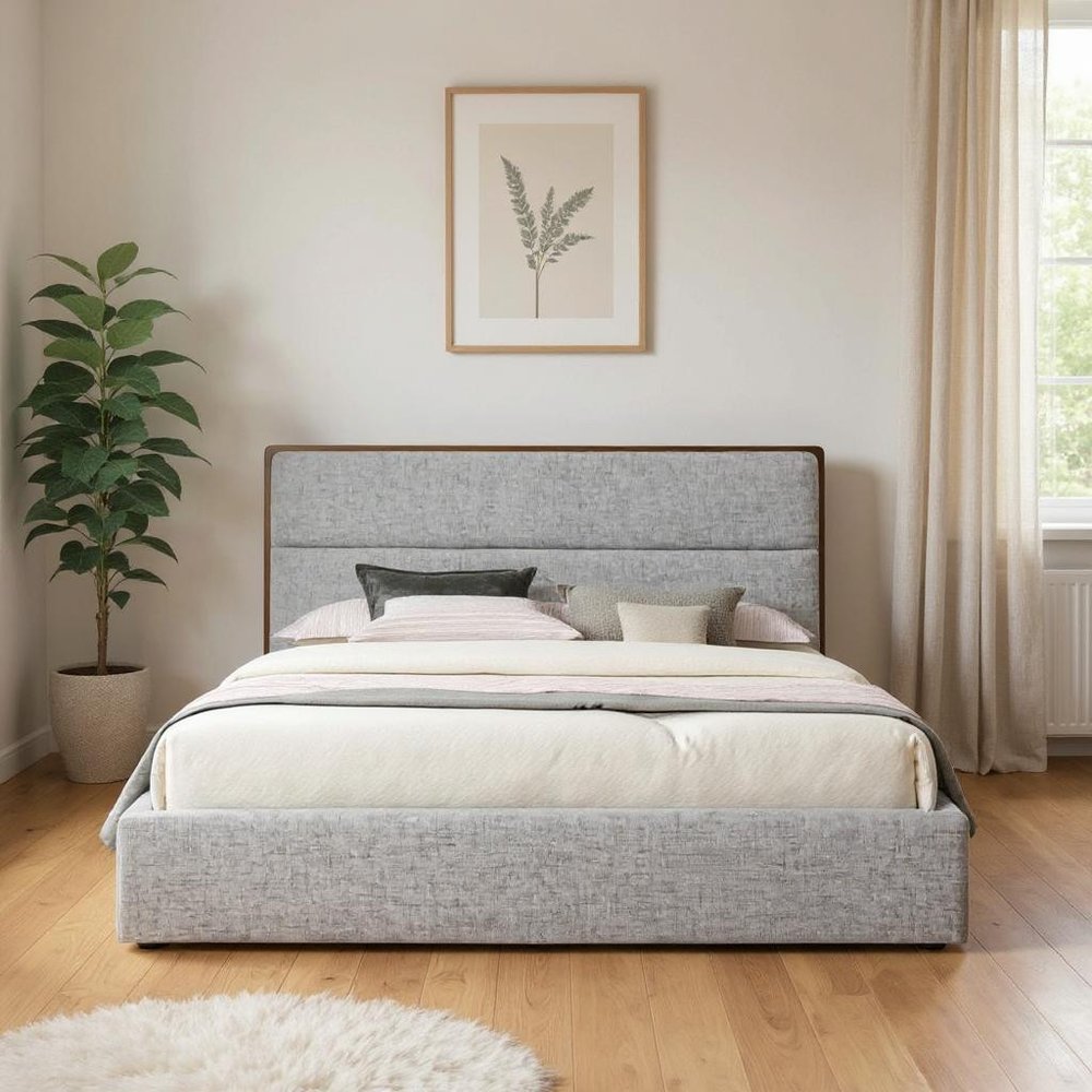 Brown and Gray Wood Upholstered Queen Bed Frame HomeRoots