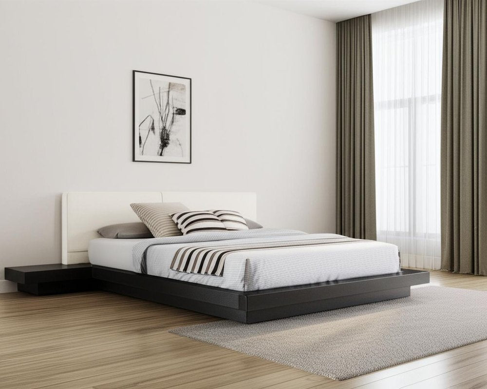 Black and White Wood And Faux Leather King Bed Frame With Attached Nightstands HomeRoots