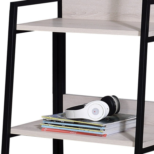 37" Natural and Black Metal Three Tier Ladder Bookcase HomeRoots