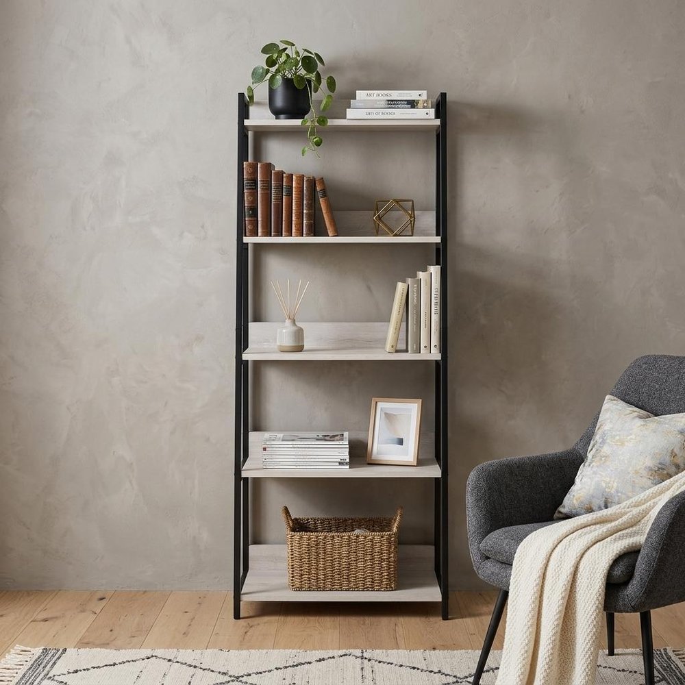 67" Natural and Black Metal Five Tier Ladder Bookcase HomeRoots