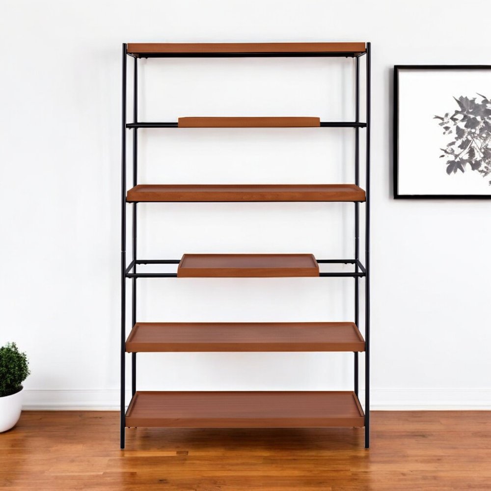 70" Oak And Black Metal and Wood Six Tier Etagere Bookcase HomeRoots
