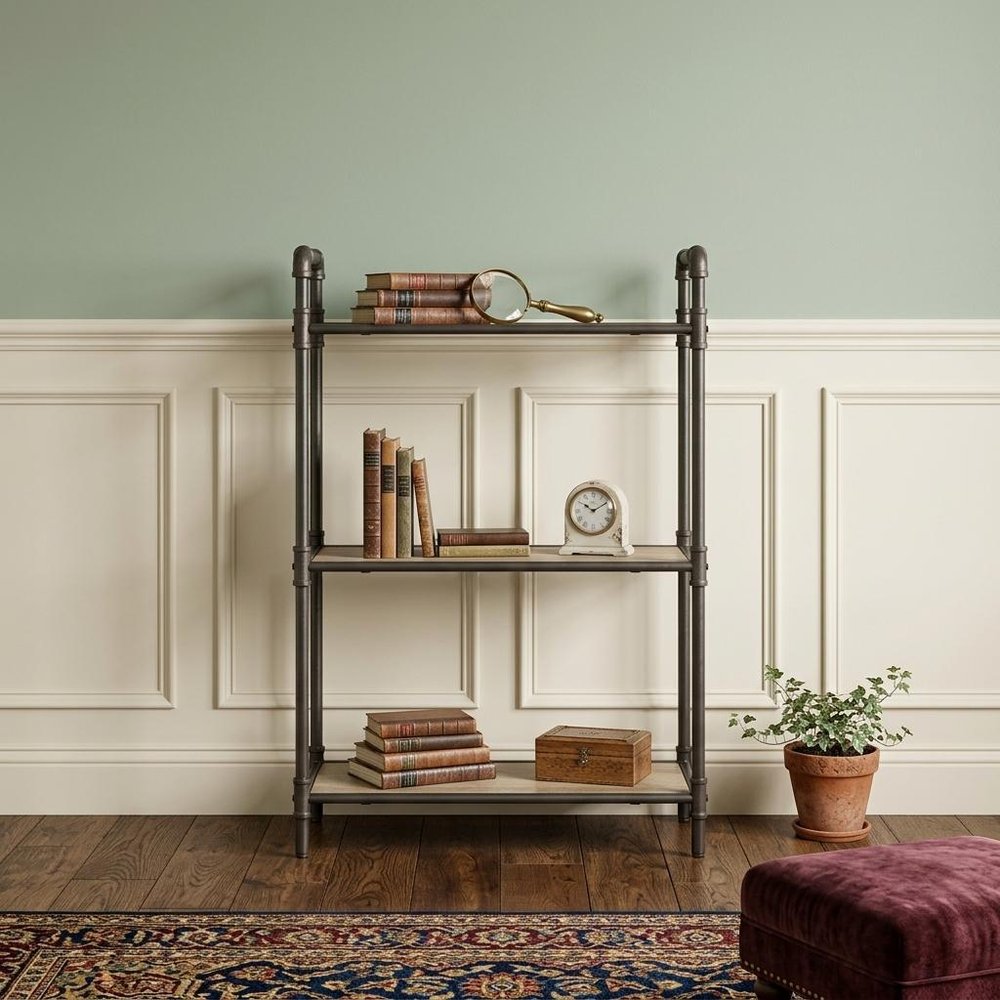 36" Antique Oak and Sandy Gray Metal Three Tier Standard Bookcase HomeRoots