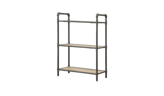 36" Antique Oak and Sandy Gray Metal Three Tier Standard Bookcase HomeRoots