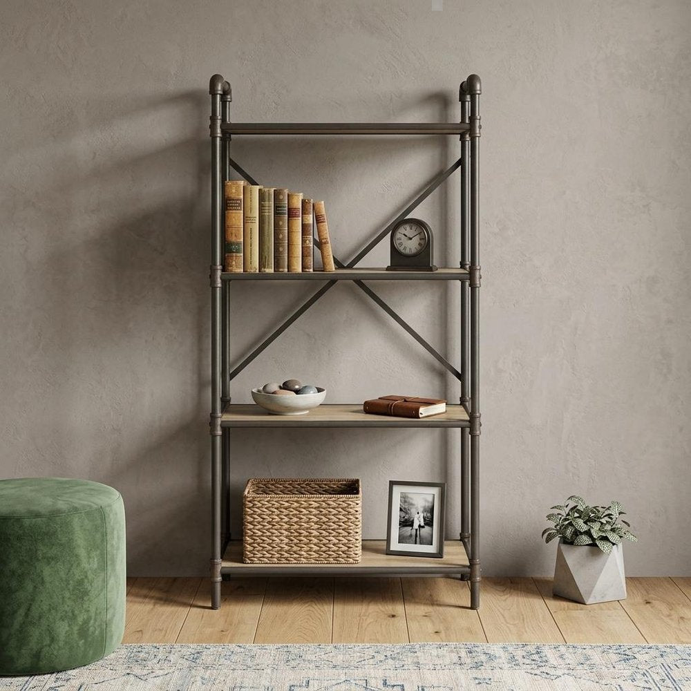 49" Gray Brown Metal Four Tier Etagere Bookcase HomeRoots