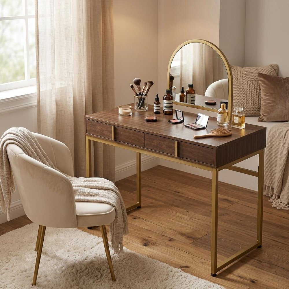42" Gold Mirrored Vanity Table with Mirror With Two Drawers HomeRoots