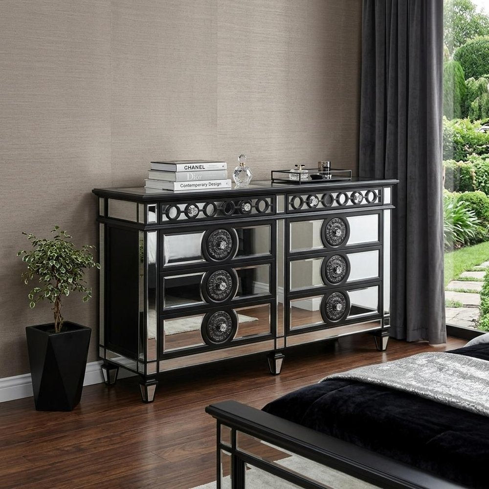 68" Black and Silver Solid and Manufactured Wood Mirrored Eight Drawer Double Dresser HomeRoots