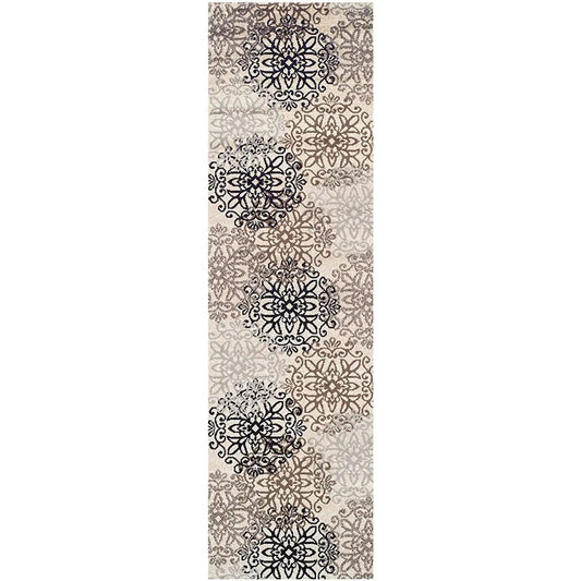 10' Beige Black and Gray Floral Medallion Power Loom Runner Rug - 120.0" (L) x 120.0" (W) x 0.43" (H) FurniFindUSA