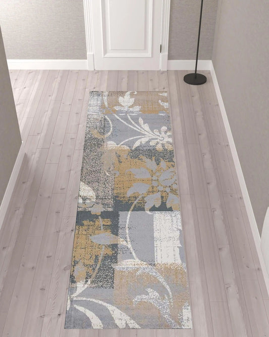 10' Beige And Gray Floral Power Loom Distressed Stain Resistant Runner Rug - 120.0" (L) x 120.0" (W) x 0.43" (H) FurniFindUSA