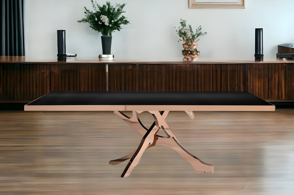 87" Black And Gold Glass And Stainless Steel Pedestal Base Dining Table HomeRoots