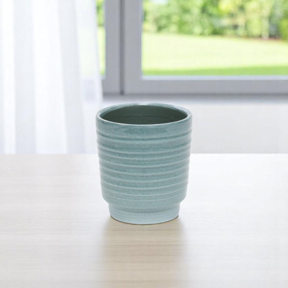 Celadon Ceramic 35 Ounce Striped Round Distressed Pot Planter HomeRoots