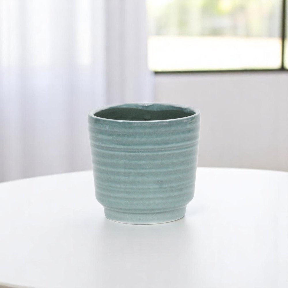 Green Ceramic 23 Ounce Striped Round Distressed Pot Planter HomeRoots