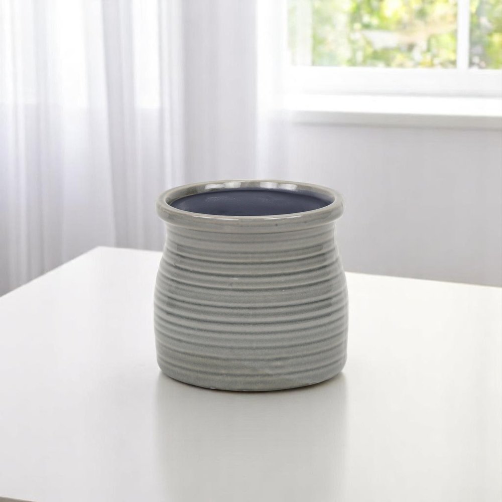 Gray Ceramic 51 Ounce Striped Round Distressed Pot Planter HomeRoots