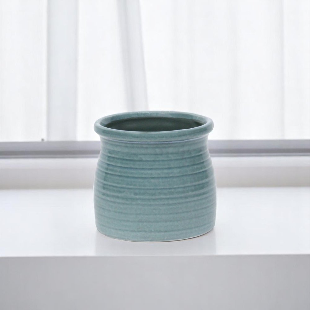 Celadon Ceramic 25 Ounce Striped Round Distressed Pot Planter HomeRoots