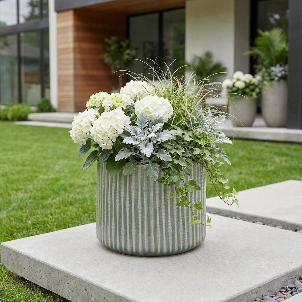 6" Green Striped Ceramic Indoor Outdoor Round Pot Planter HomeRoots