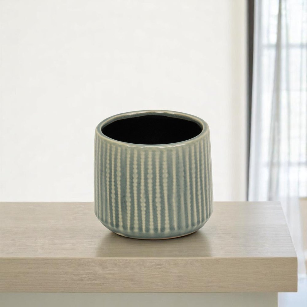 Green Ceramic 25 Ounce Striped Round Distressed Pot Planter HomeRoots