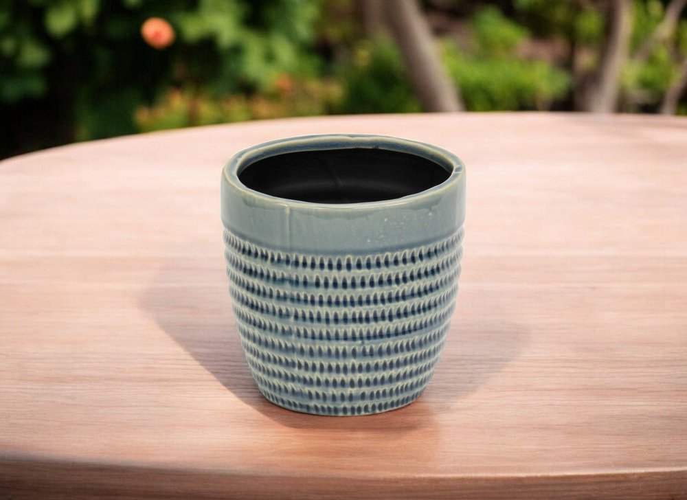 6" Aqua Striped Ceramic Indoor Outdoor Round Pot Planter HomeRoots