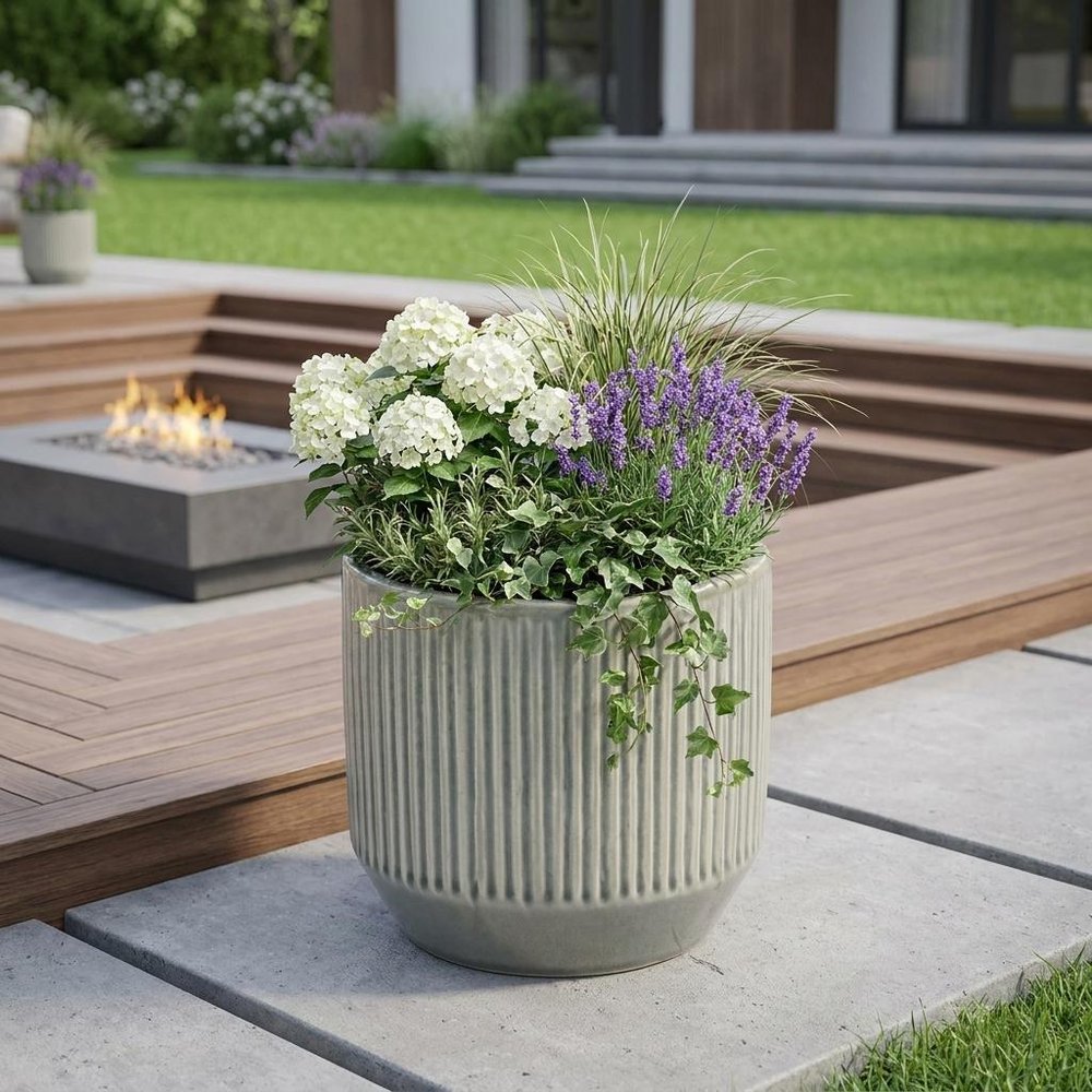 6" Gray Striped Ceramic Indoor Outdoor Round Pot Planter HomeRoots