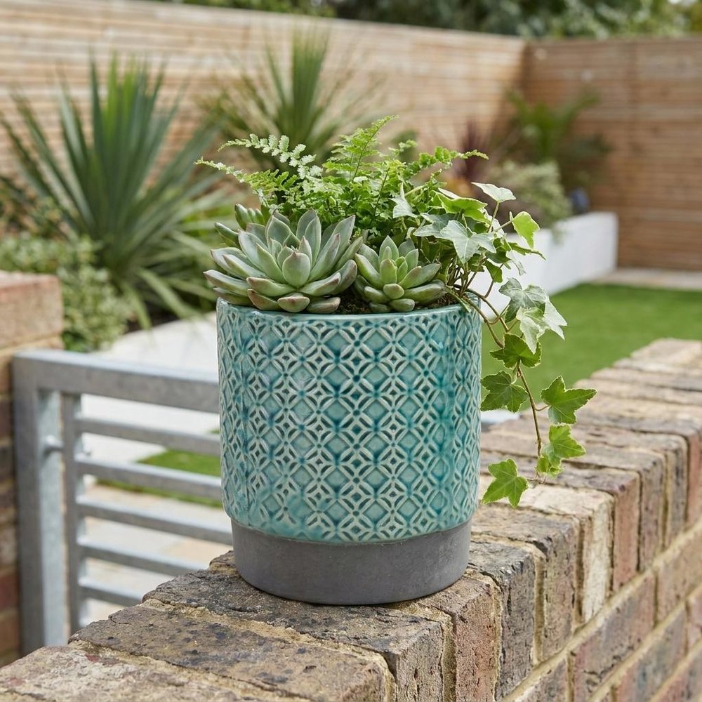 6" Turquoise Geometric Ceramic Indoor Outdoor Round Pot Planter HomeRoots