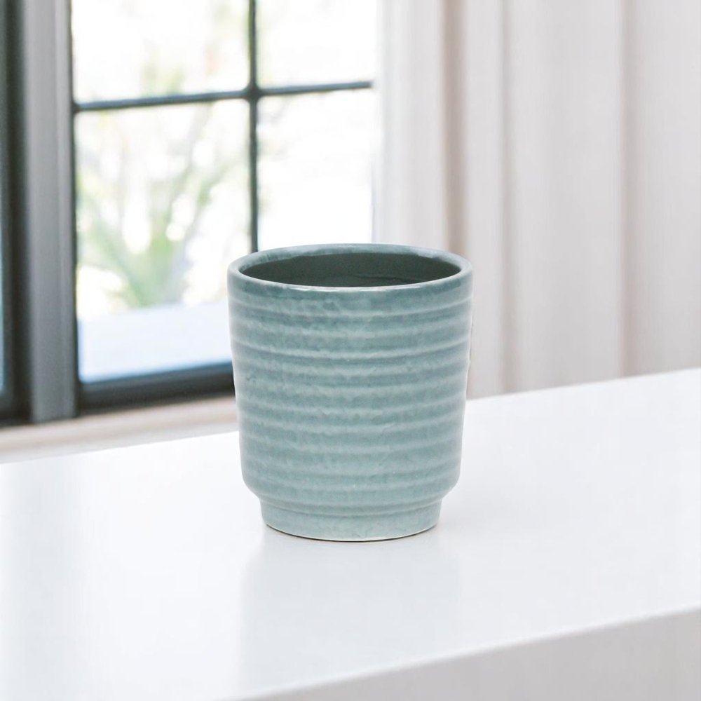 Green Ceramic 15 Ounce Striped Round Distressed Pot Planter HomeRoots