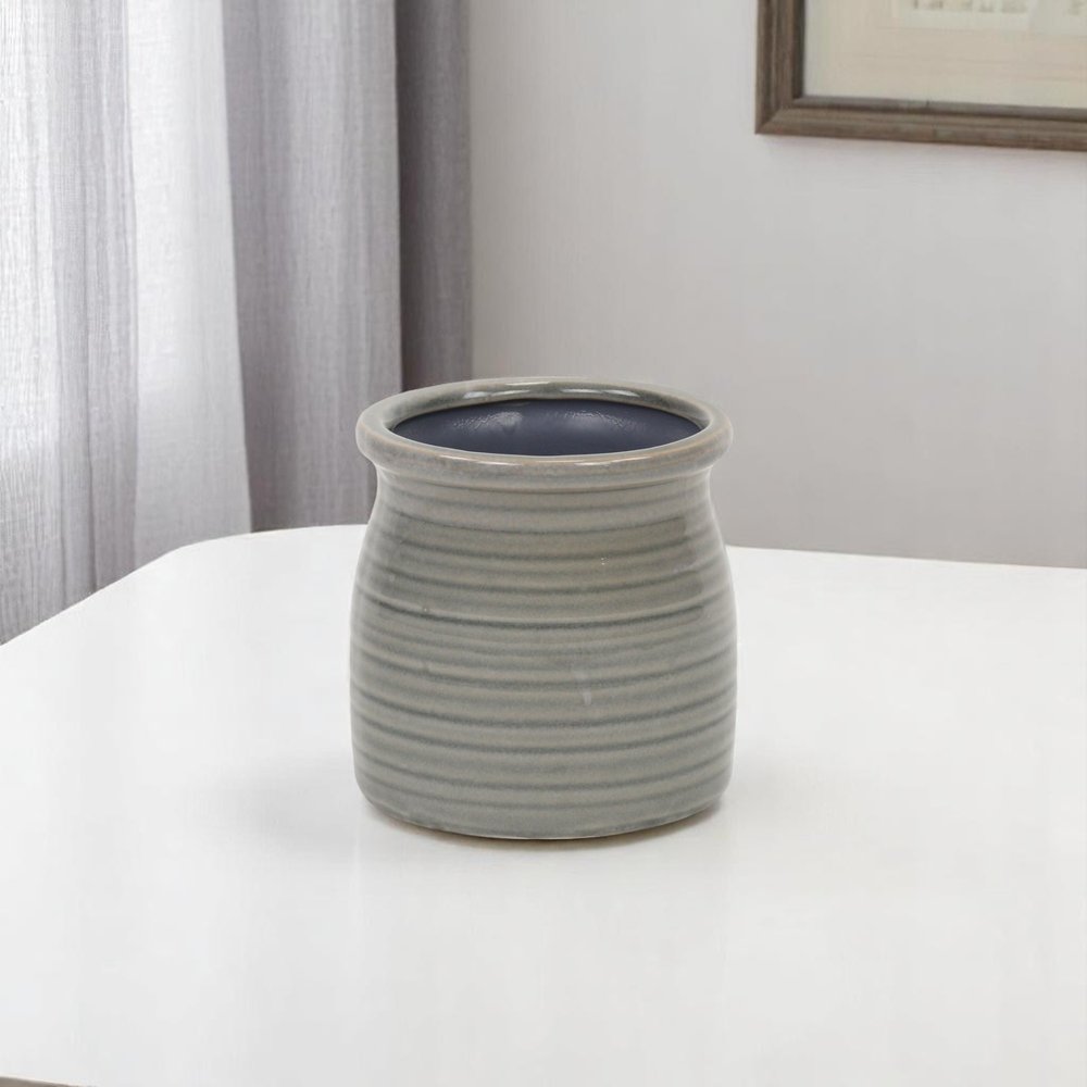 Gray Ceramic 15 Ounce Striped Round Distressed Pot Planter HomeRoots