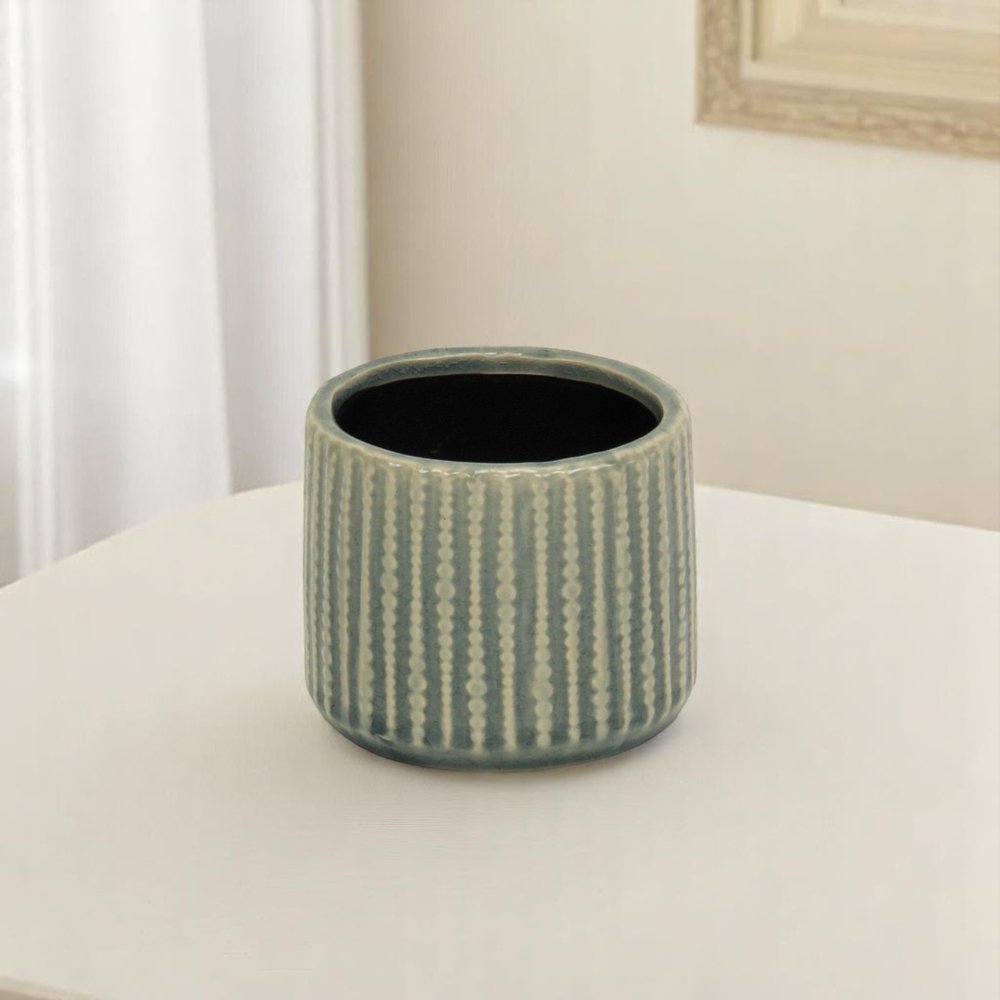 Beige And Green Ceramic 12 Ounce Striped Round Distressed Pot Planter HomeRoots