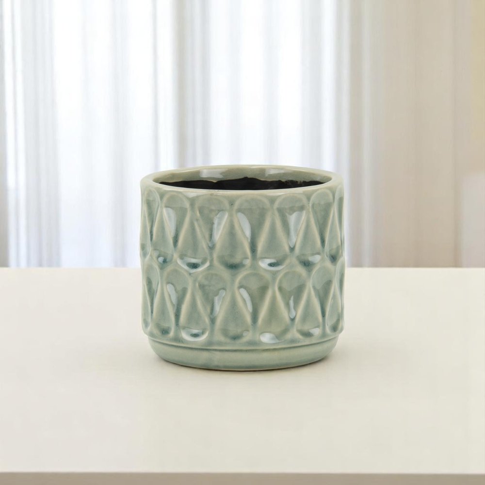 Green Ceramic 10 Ounce Geometric Round Distressed Pot Planter HomeRoots