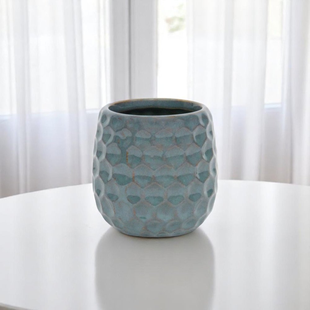 Blue And Gold Ceramic 20 Ounce Geometric Round Distressed Pot Planter HomeRoots