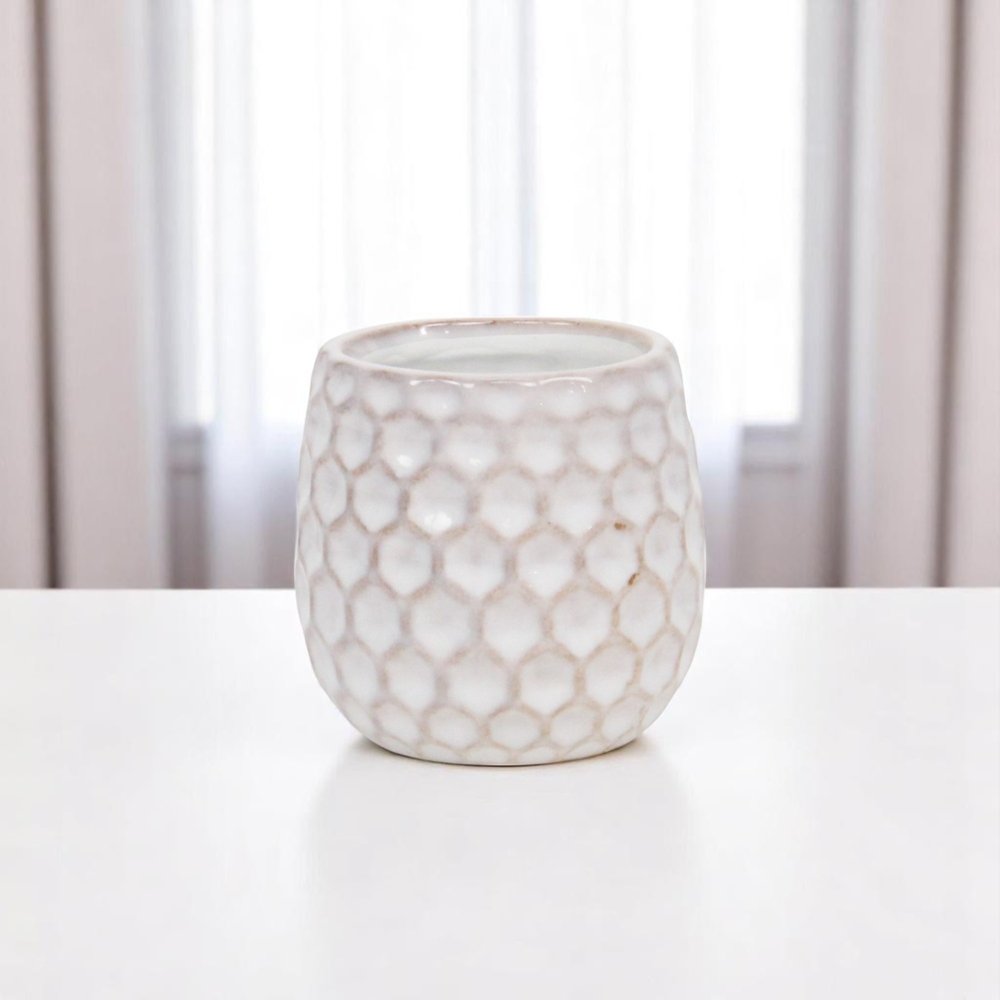 White Ceramic 5 Ounce Geometric Round Distressed Pot Planter HomeRoots