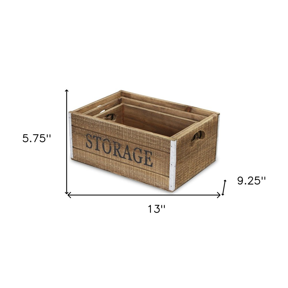 Set of Three Natural Nesting Solid Wood And Metal Crate HomeRoots