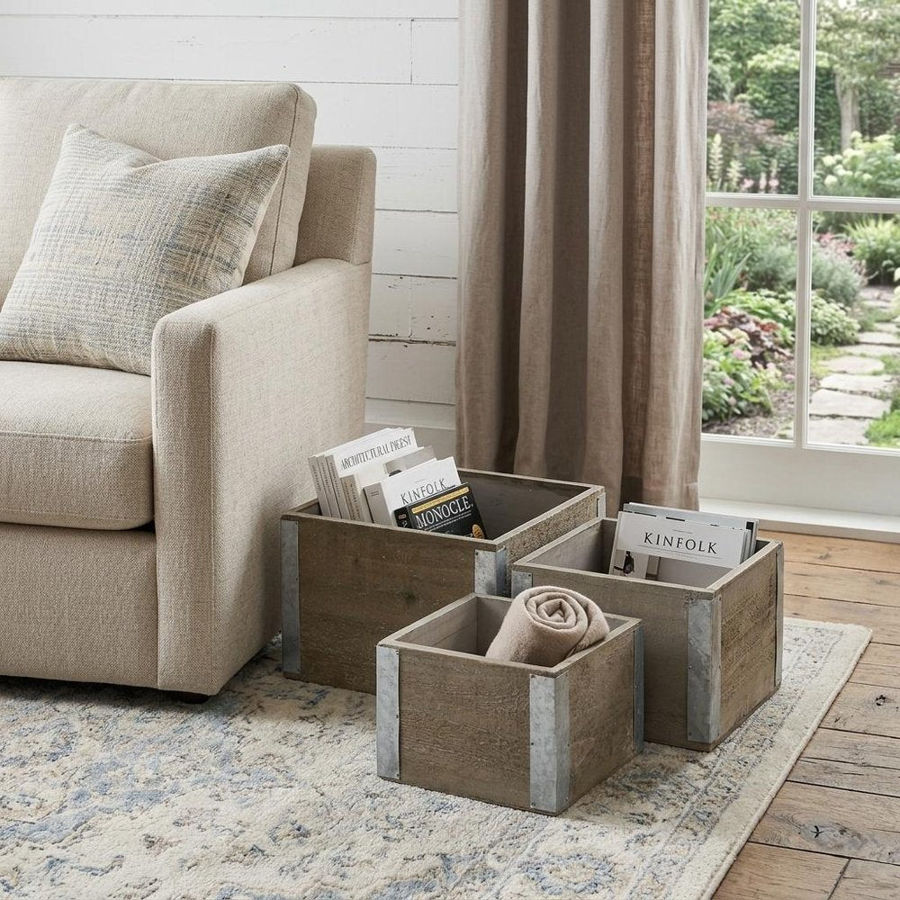 Set of Three Brown Nesting Solid Wood And Metal Crate HomeRoots