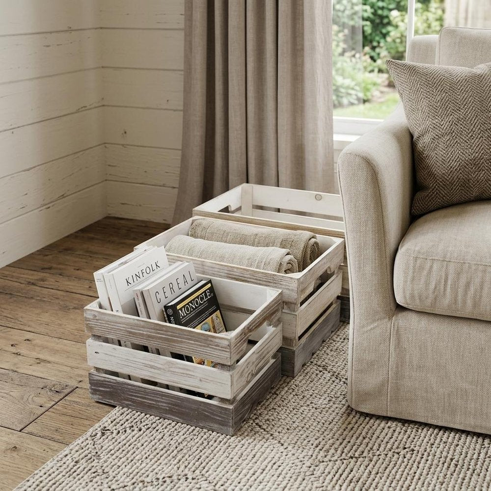 Set of Three Black Off White And Walnut Nesting Solid Wood Crate HomeRoots