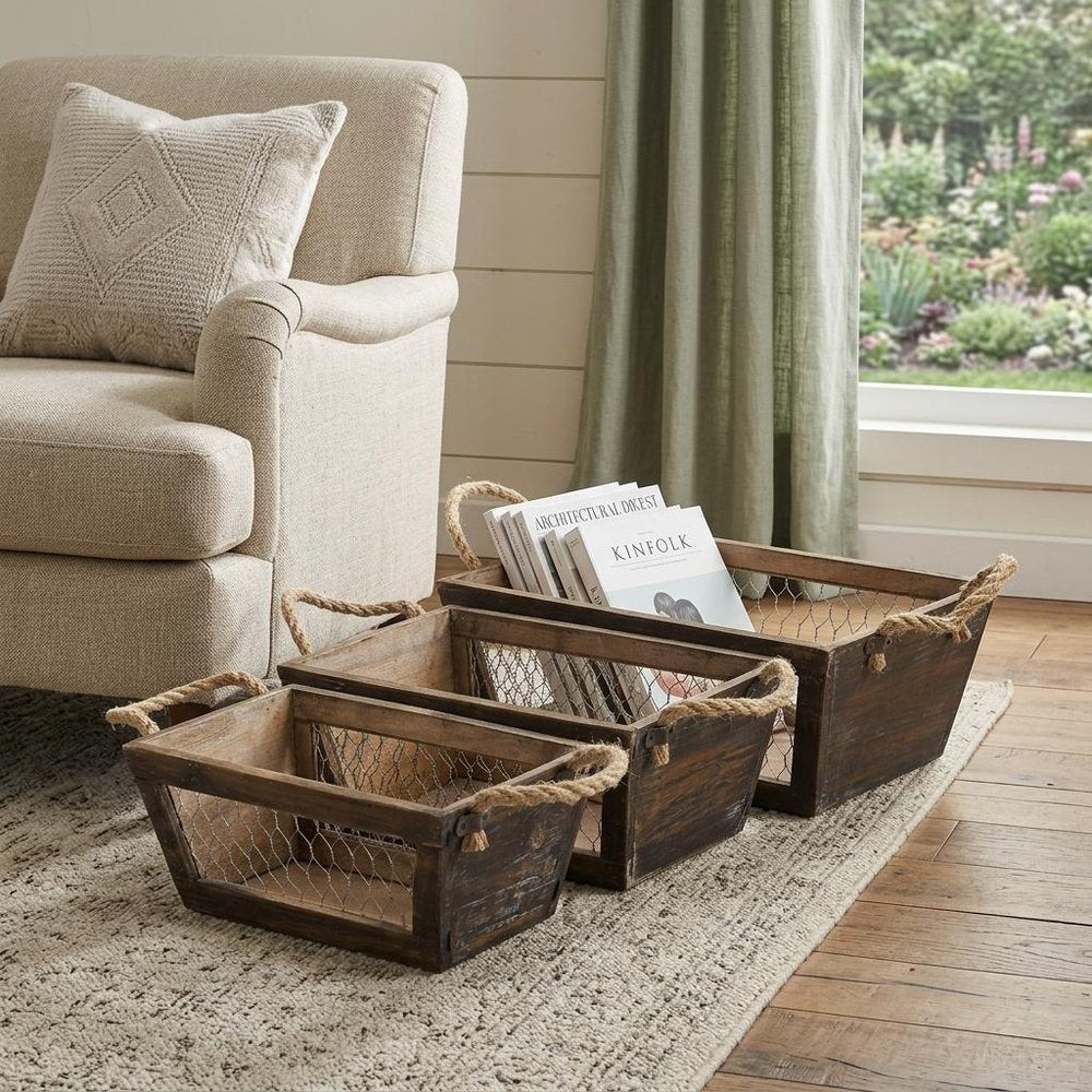 Set of Three Dark Brown Nesting Solid Wood And Metal Crate HomeRoots