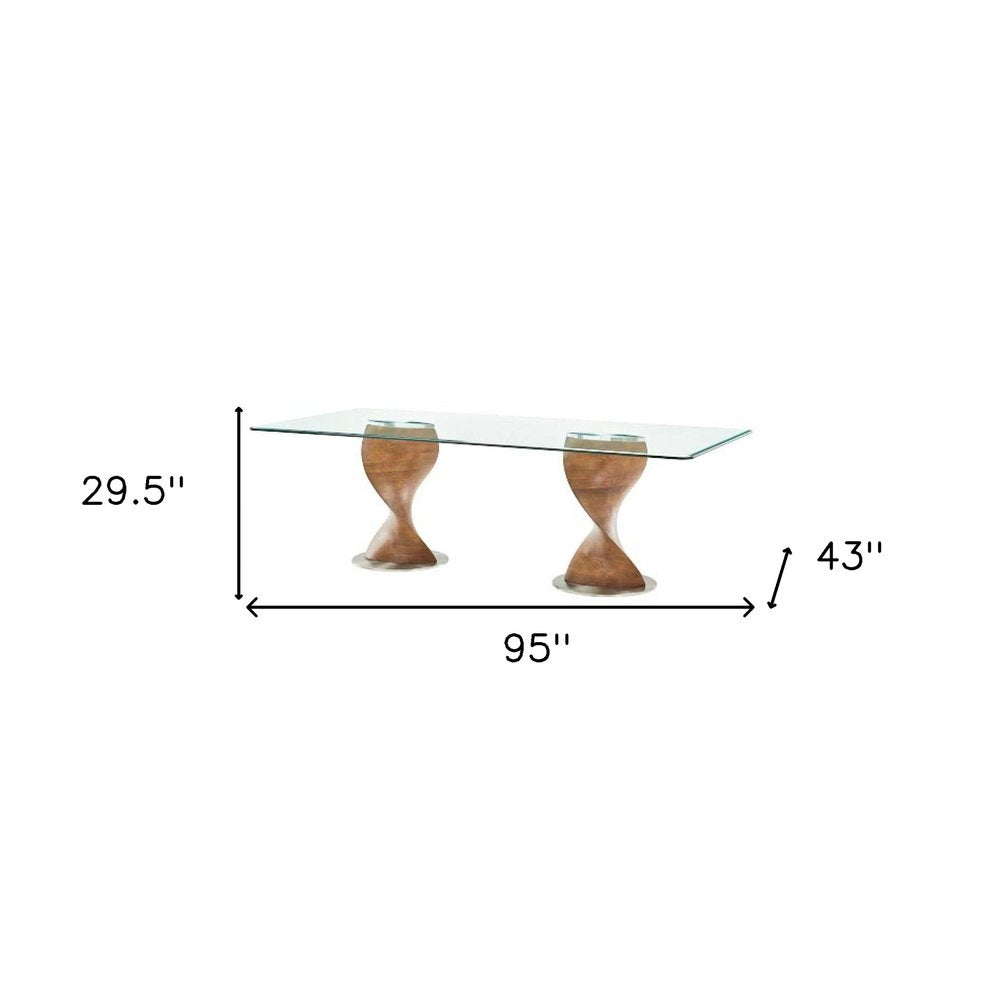 95" Clear And Brown Glass And Solid Wood Double Pedestal Base Dining Table HomeRoots