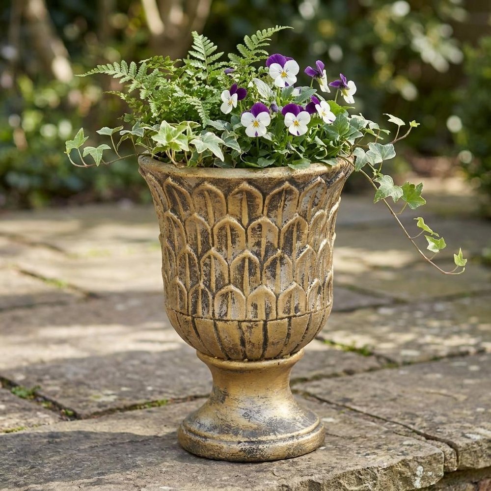7" Antiqued Brass Textural Tone On Tone Cement Indoor Outdoor Round Urn Planter HomeRoots