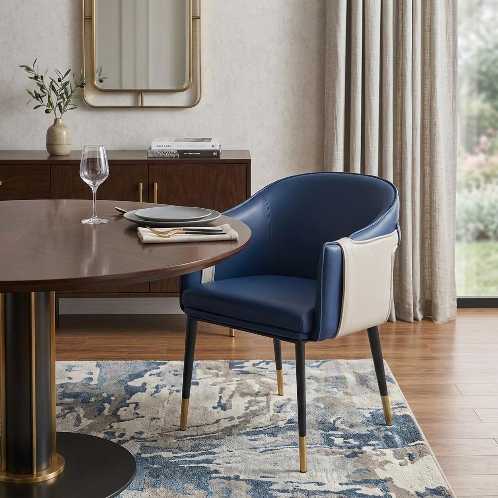 Blue Beige and Black Upholstered Faux Leather Dining Arm Chair HomeRoots
