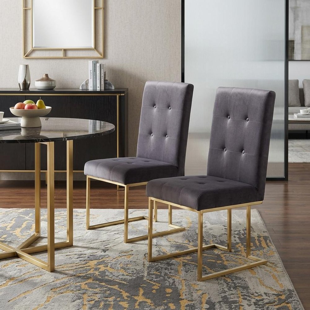 Set of Two Tufted Gray And Gold Upholstered Fabric Dining Side Chairs HomeRoots