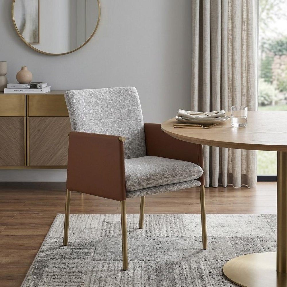 Light Gray And Antiqued Brass Upholstered Fabric Dining Arm Chair HomeRoots