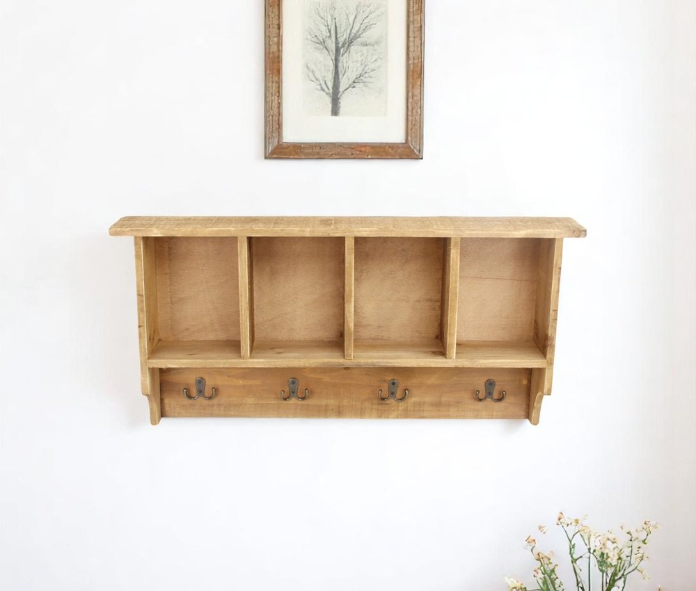 30" Natural Wood Four Hook Wall Mount Coat Rack HomeRoots