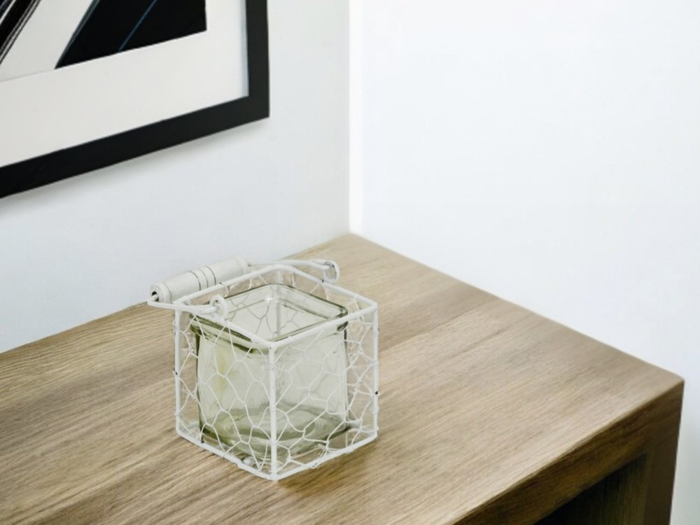 4" White Glass and Metal Lattice Tabletop Lantern Candle Holder HomeRoots