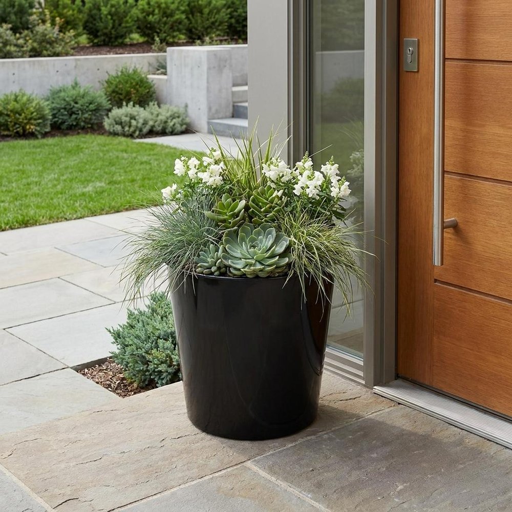 11" Black Recycled Plastic Indoor Outdoor Round Pot Planter HomeRoots