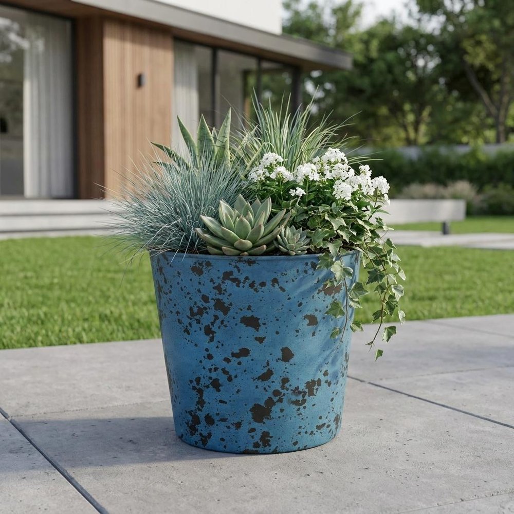 11" Blue Recycled Plastic Indoor Outdoor Round Pot Planter HomeRoots