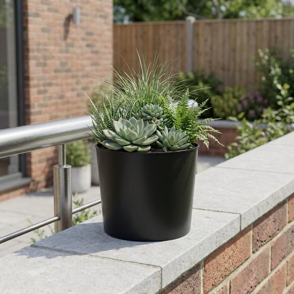 7" Black Recycled Plastic Indoor Outdoor Round Pot Planter HomeRoots
