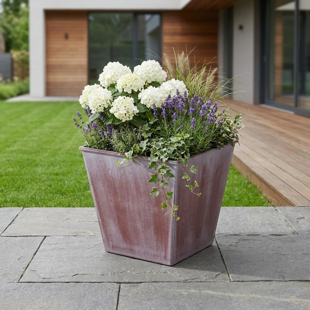 5" Brown and Off White Textural Tone On Tone Recycled Plastic Indoor Outdoor Square Pot Planter HomeRoots